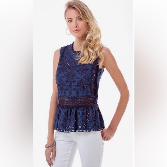Sea New York Eyelet Fringe Sleeveless Denim Peplum Top Size 2 EUC - Picture 3 of 7